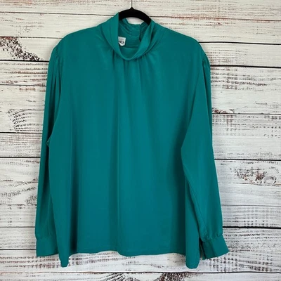Blusa Mujer De Colección Años 80 Koret Verde Cuello Alto Satén Carrera Casa Victoriana 18 Foto 1 de 4