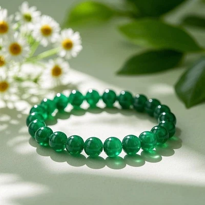 Natural Emerald Elastic Stretch Bracelet 8mm Round Crystal Gemstone Beads - Image 1 of 4