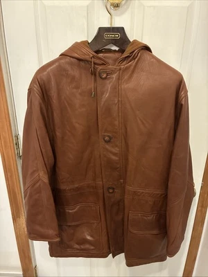 Chaqueta Coach de cuero marrón con capucha cremallera completa talla grande vintage Foto 1 de 4
