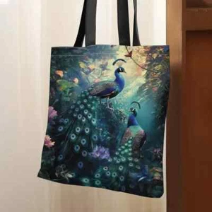 Peacock Print Tote Bag - Vibrant Underwater Scene-Peacocks, Flowers, Butterflies - Picture 1 of 1