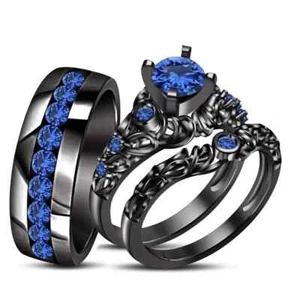14K Black Gold Fn His Her Diamond Bridal Wedding Lab-Created Band Trio Set Ring - Picture 1 of 3
