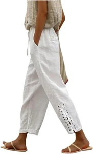 Women Cargo Pants Capri Pants Slacks Elastic Waist Lace Up Lounge w Drawstring - Picture 1 of 20