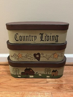 Primitive Stacking Boxes Country Living Paper Mache Set of 3 Home Decor - Image 1 of 4