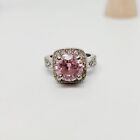 Silver Tone Simulated Pink Sapphire Topaz Rhinestone Halo Cocktail Ring Size 5