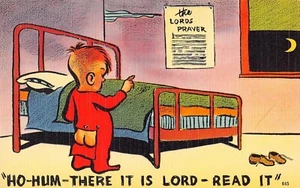 Comic Humor Child at Bed Asking Lord to Read His Own Prayer Tichnor linen - Picture 1 of 2