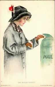 ARTIST PEARL FIDLER - SEALED VERDICT - WOMAN MAILS LETTER - ART DECO POSTCARD - Picture 1 of 2