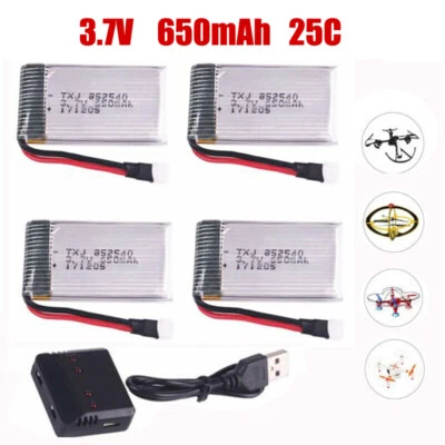 4pcs 3.7V Lipo Battery 650mAh W/ USB Charger & Cable For RC Drone Airplane Toys - Image 1 of 4