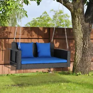 2-Person Outdoor Wicker Hanging Porch Swing Bench w/ Curved Seat Brown - Picture 1 of 12