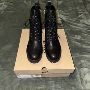 COACH Lyra Leather Bootie Women’s 9.5 B Black Combat Boot Lace-Up Shoes CW710 - Picture 1 of 12