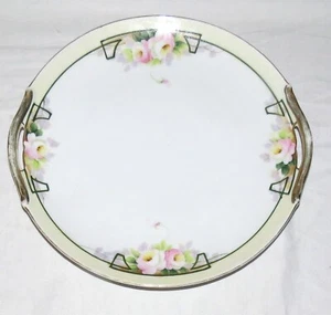 Nippon Hand Painted 9.1/2 inch Cake Plate with Handles - Pink Flowers. Gold Trim - Picture 1 of 4