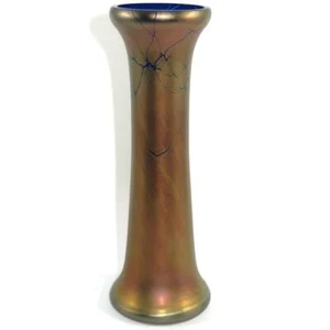 Steven Maslach Art Glass Vase, Iridescent Gold over Cobalt Blue, 8 1/4" Tall - Picture 1 of 6