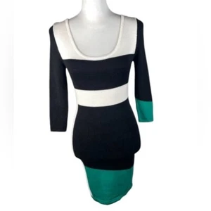 Arden B White Black Green Scoop Neck Tight Knit 3/4 Sleeve Sweater Dress XS - Picture 1 of 13