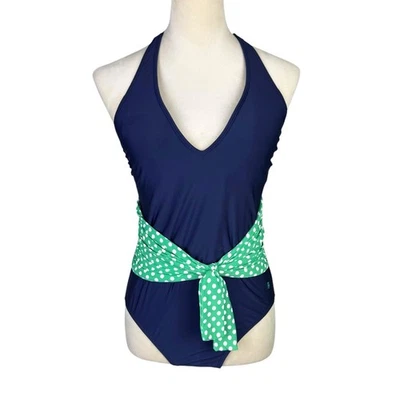 Tommy Hilfiger 10 Navy Green Polka Dot Tie Waist Belt V-neck One Piece Swimsuit - Image 1 of 4