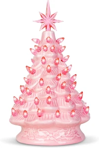 12" Pink Ceramic Christmas Tree, Prelit Tabletop Christmas Tree Decoration with - Picture 1 of 12