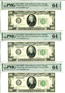 (3) Consecutive 1928-B $20 Federal Reserve Notes Chicago PMG Choice Unc 64EPQ - Picture 1 of 8