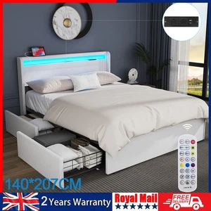 NEW STORAGE UPHOLSTERED BED FRAME 4FT6 DOUBLE WITH USB PORT & LED LIGHT,4 DRAWER - Picture 1 of 14
