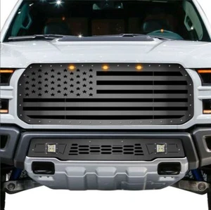 Custom Aftermarket Steel Grille Kit for 2017-20 Ford Raptor AMERICAN FLAG Black - Picture 1 of 2