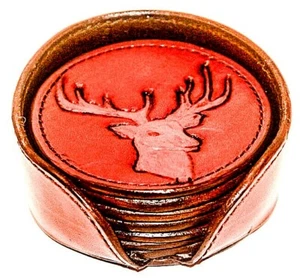 Leather Coaster sets custom handmade WITH DEERHEAD AND FULLY SEWED 6 EACH - Picture 1 of 6