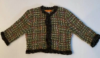 Cynthia Steffe Green Velvet Ribbon Tweed Jacket Blazer Size M 3 Hook Closure - Image 1 of 4