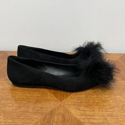 Larroude Lee Pom Pom Ballet Pisos Mujer 9 Cuero Negro Gamuza Punta NUEVO Foto 1 de 4