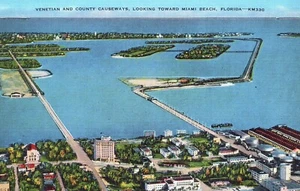 Postal de las Calzadas Venecianas y del Condado mirando hacia Miami Beach Florida - Imagen 1 de 2