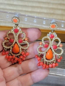 Gold Tone Coral and Orange Cabochon Beaded Chandelier Earrings Pierced Posts - Picture 1 of 7