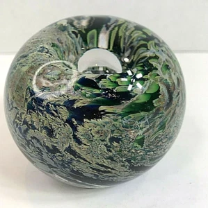 Vetro Art Glass Paperweight Signed 3.5" Green Blue Swirls 2011 EUC - Picture 1 of 11