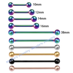10mm-38mm Surgical Steel Tongue Nipple Bar Industrial Barbell Ball Piercing Ring - Picture 1 of 1