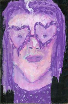 Retrato Mujer Pintura Púrpura Gafas en Forma de Corazón 4x6 Rosa Ingenuo Arte Original Foto 1 de 4