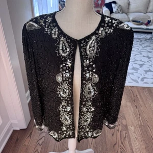 Damen Vintage Jacke schwarz Seide Perlen von Sweelo Größe L 100% Seide - Bild 1 von 7