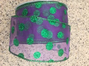 25 Yards Festive Glitter Green Purple Polka Dot Decorative Wired Ribbon FUN New - Picture 1 of 4