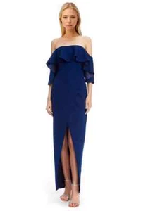 Jewel Badgley Mischka Navy Cheery Off-the-Shoulder Popover Gown sz 4 Slit Wrap - Picture 1 of 2