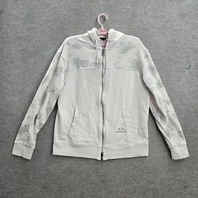 Armani Exchange Men Hoodie L White Floral Logo Zipper Organic Cotton - Image 1 of 4
