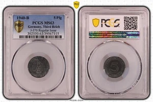 PCGS MS63 1940-B 5 Pfennig Pfg Germany, Third Reich J.370 WW2 *Two higher* - Picture 1 of 5