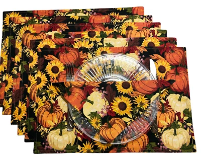 Reversible Pumpkin Harvest Table Placemat Autumn Fall Leaves Sunflowers set of 6 - Image 1 of 4