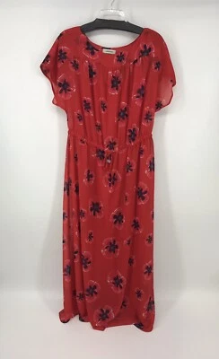 LAND’S END 红色花卉热带连衣裙抽绳腰衬里女式 12T 码二手状况完好 — 第 1/4 张图片