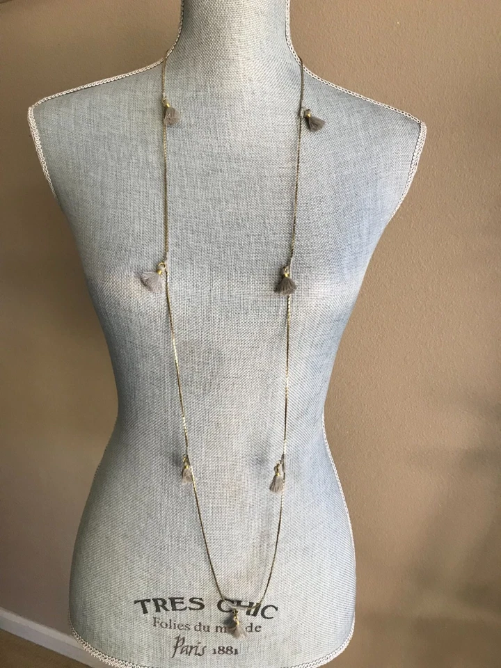NWT Anthropologie Jewelry Lena Boho Necklace | Thin Gold Strand w/ Grey Tassels - Image 1 of 4