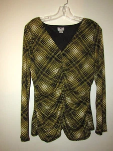 Worthington Damen L grün kariert Web Top V-Ausschnitt Cinched Y2K Nylon Goth 90er - Bild 1 von 5