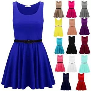 Womans Sleeveless Belted Skater Ladies Dress Shift Style Mini Knee Length 8-26 - Picture 1 of 7