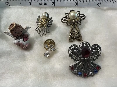 Guardian Angel Vintage Lot Lapel Pin Brooch Gold Rhinestone of 5 Cherub - Image 1 of 4