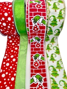Christmas Grinch Brick & Ornaments Lot 4 Ribbon Rolls  5 yd each Wired Edge 20Y - Picture 1 of 2