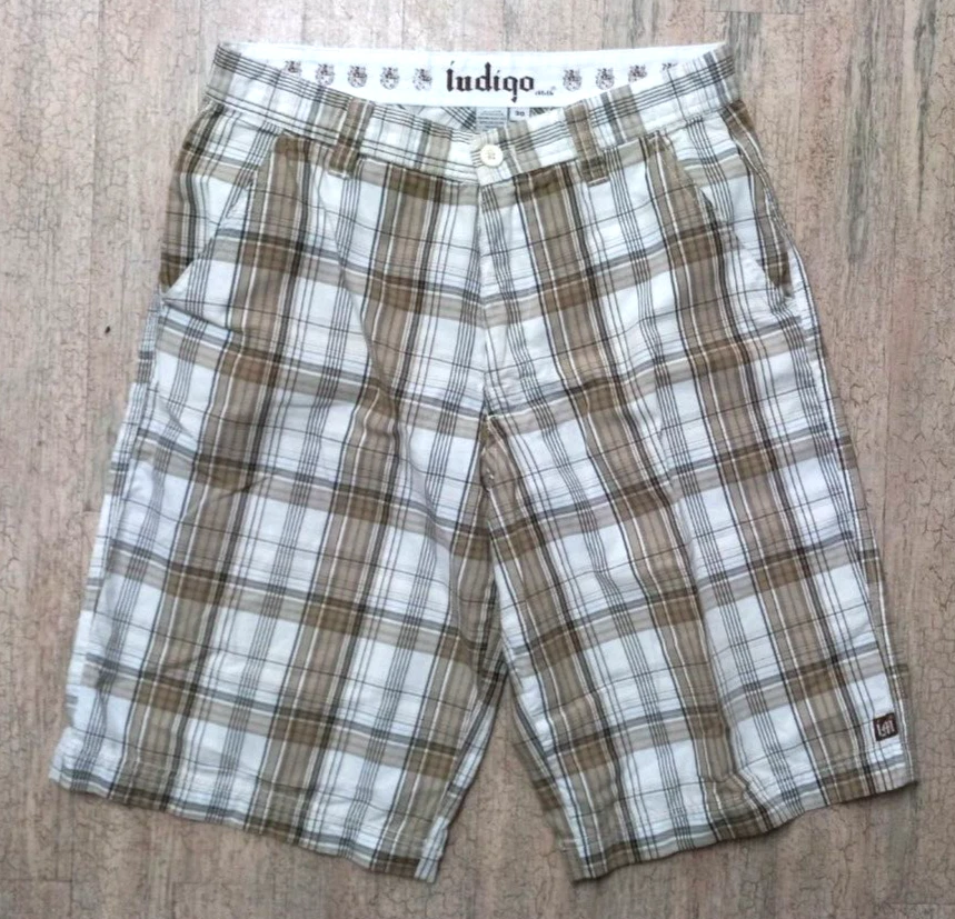 Indigo Milk Chino Shorts Men's 30 Brown Plaid Flat Front Cotton Blend Casual - Image 1 of 4