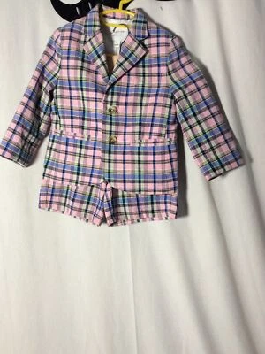 Janie & Jack Bebé Traje de Lino Rosa a Cuadros, Blazer Talla 2 Corto Talla 3 Foto 1 de 4