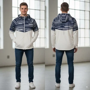 Nike Dri-FIT Running Jacket Mens XL White Blue Striped Hooded Full Zip Athletic - Picture 1 of 9