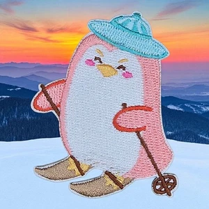 CUTE SKIING PINK PENGUIN APPLIQUE EMBROIDERED 3M STICKER PATCH 2.6 X 2" - Picture 1 of 6