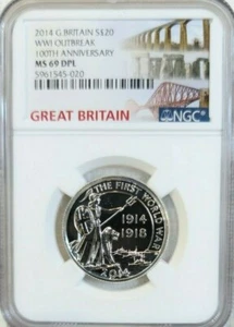 2014 GREAT BRITAIN SILVER 20 POUNDS WWI OUTBREAK ANNIVERSARY NGC MS 69 DPL  - Picture 1 of 4