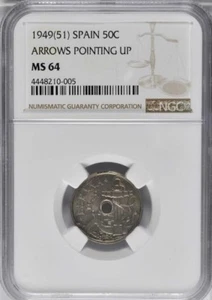 1949 (51) Spain 50 Centimos, NGC MS 64, Arrows Pointing Up - Picture 1 of 2