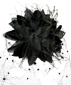 Antique Ostrich Feather Ribbon Flower Black Fascinator Hair Piece Torn Mesh Veil - Picture 1 of 15