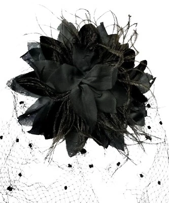 Antique Ostrich Feather Ribbon Flower Black Fascinator Hair Piece Torn Mesh Veil - Image 1 of 4