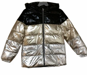 Kids Coat MNG Metallic Puffer Jacket Silver Bottom Black Top Size 13-14 - Picture 1 of 3